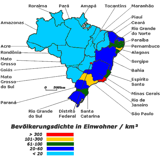 Bevölkerungsdichte der brasilianischen Bundesstaaten